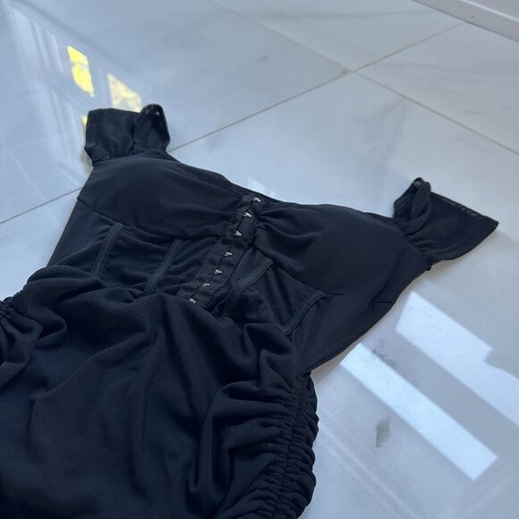 SHEIN | Black Corset Ruched Mini Dress | Small | Adjustable Tie Sides - Picture 3 of 16